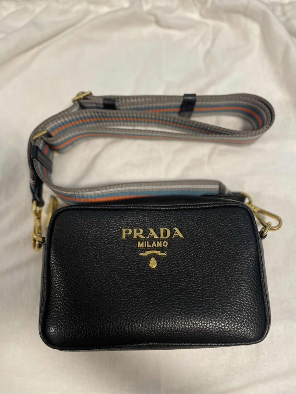 Vitello Phenix Leather Crossbody Bag in Black with Gold Hardware and web Stripe